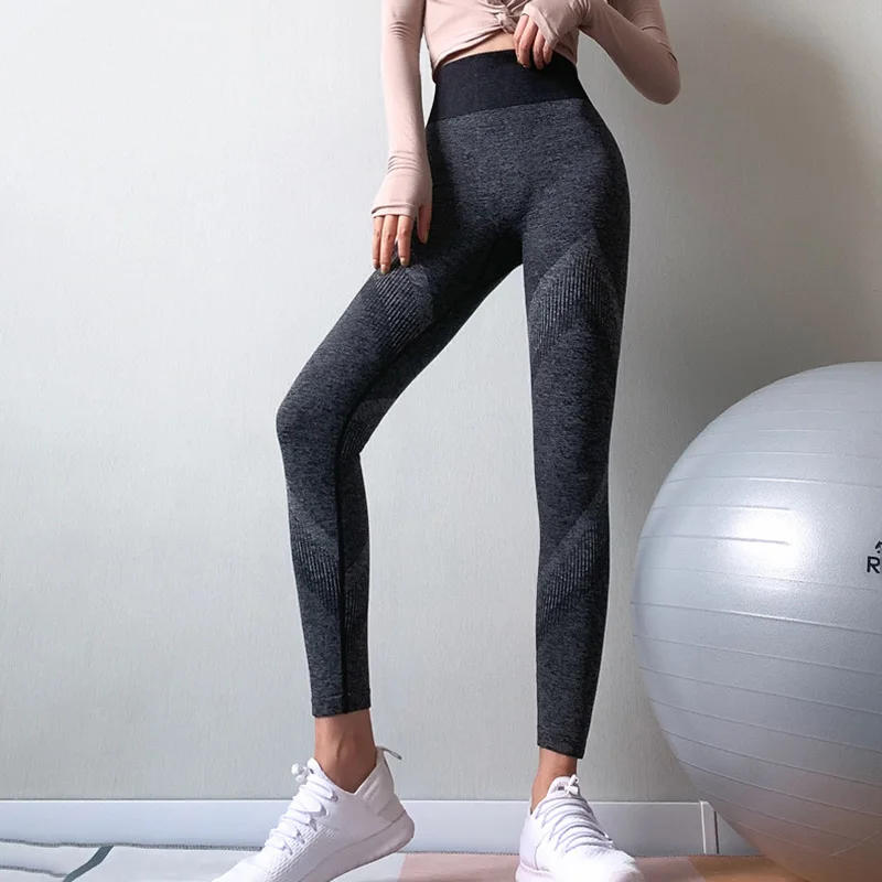 

NORMOV Workout Women Leggings High Elastic Waist Polyester Strip Push Up Leggins Casual Seamless Fitness Female Leggings