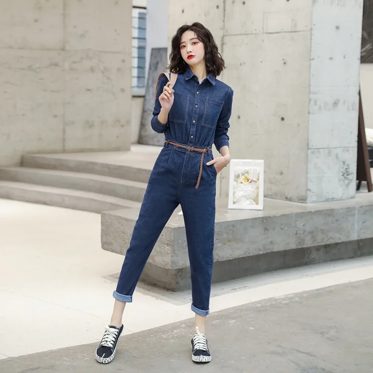 

2021 spring new women's fashion Korean style washed jeans long-sleeved handsome overalls denim jumpsuit
