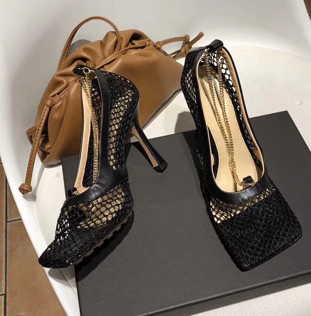 Сандалии Fujin женские с квадратным носком пикантные сетчатые босоножки на высоком