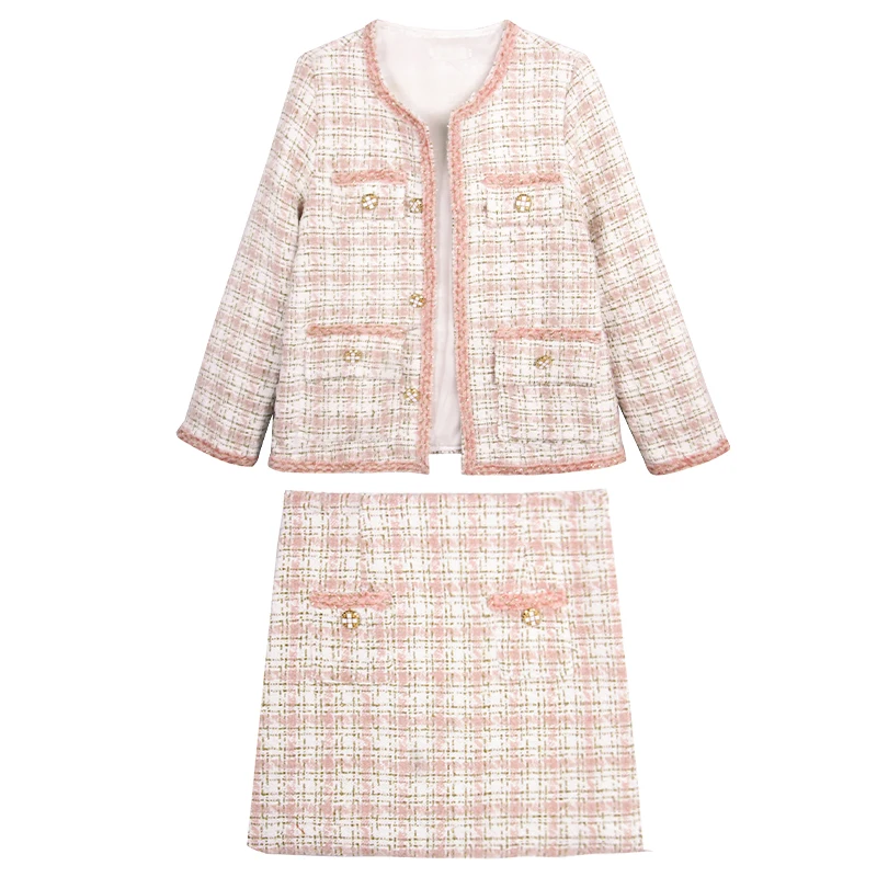 

Autumn winter Office lady Skirt suit elegant Woven Tassel Tweed jacket coat And skirt 2 piece set Women's Vintage Women's Sets