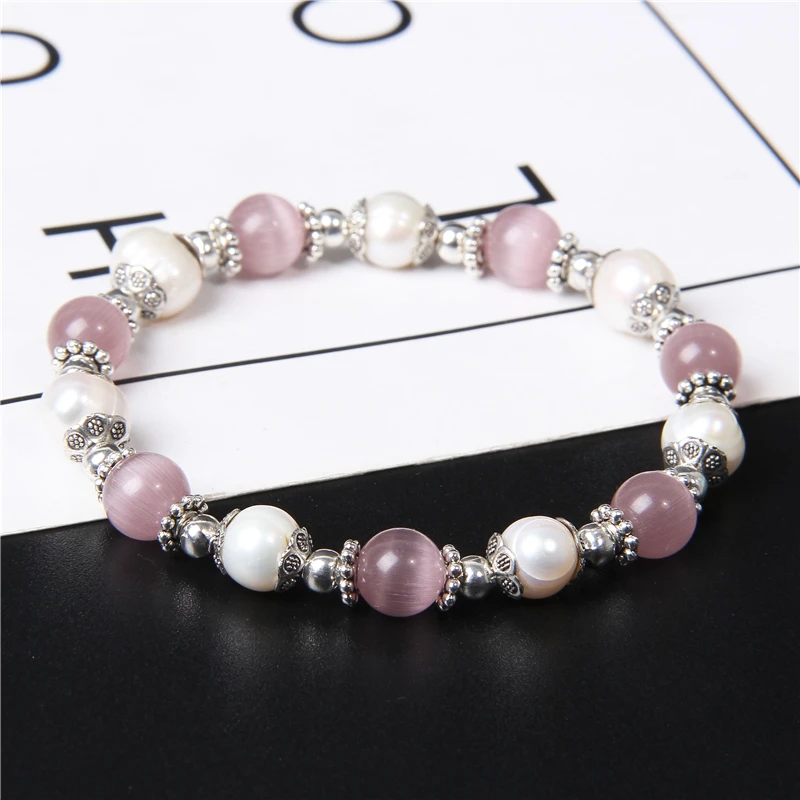 

Handmade Natural White Freshwater Pearl Bracelet Women Pink Cat Eye Beaded Flower Charm Bracelet Women Girl Jewelry Gifts