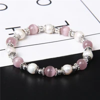 handmade natural white freshwater pearl bracelet women pink cat eye beaded flower charm bracelet women girl jewelry gifts