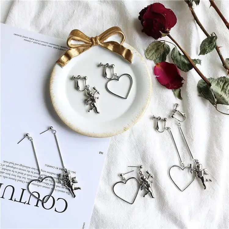 Винтажные серьги подвески в стиле барокко с Купидоном углом любовным сердцем