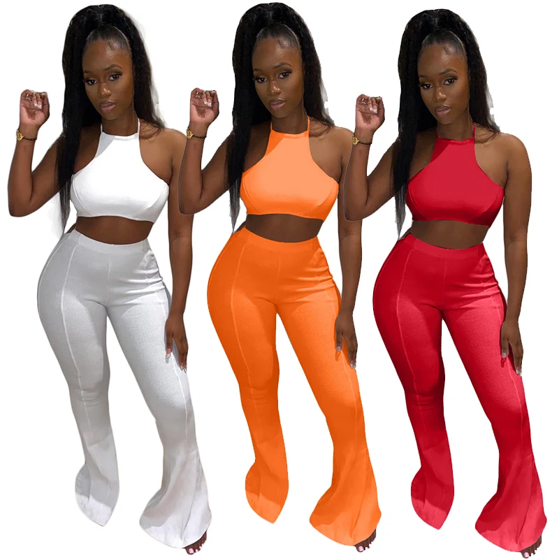 

ZKYZWX Two Piece Club Outfits for Women Summer Vacation Clothes Off Shoulder Crop Top Hollow Flare Pants Sexy Party Matching Set