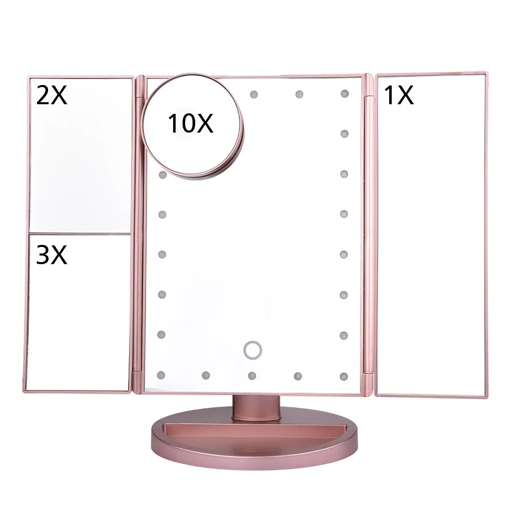 

3 Folding Mirror with Light Compact Table Mirror Magnifying Vanity Cosmetic Makeup Touch Screen Desktop Lamp 1X/2X/3X/10X Mirror