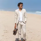 Мужской приталенный деловой льняной смокинг ANNIEBRITNEY, бежевый костюм из 2 предметов, на лето, 2020