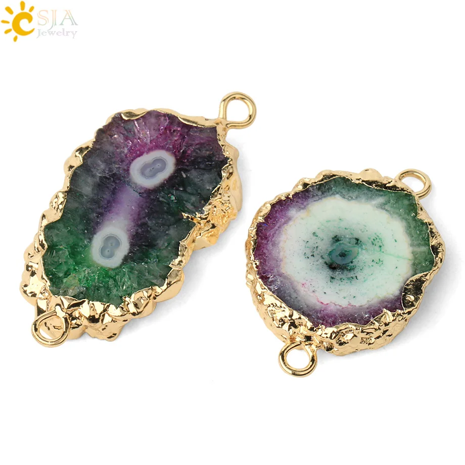 Разноцветный коннектор из натуральных кристаллов CSJA золотистый ободок плоские