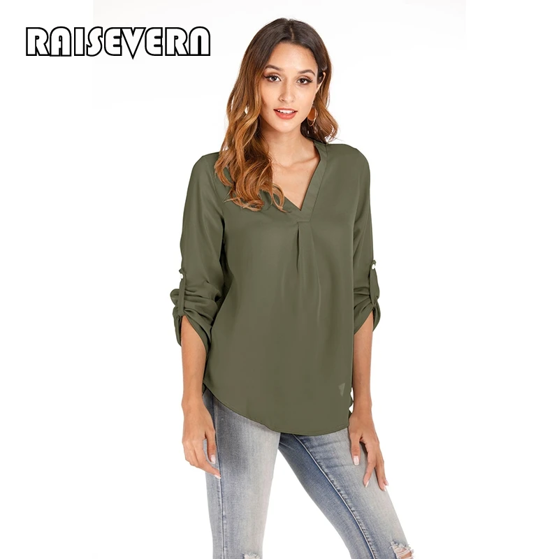 Стандартный рубашка Топы 2019 повседневная женская рулон длинный рукав v образный