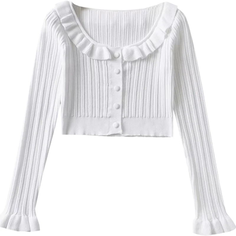 

Cotton Ocean Niche Sunken Stripe Knitted Small Top Pure Ruffled Neckline Slim Short Sweater French Retro Small Shirt
