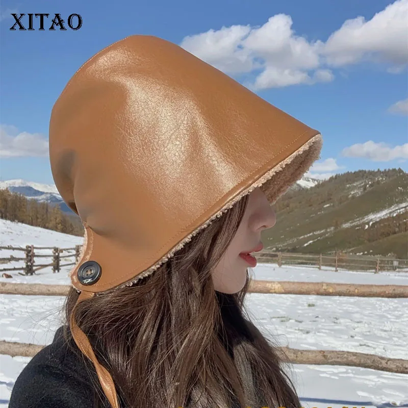 

Двухсторонняя зимняя Рыбацкая шляпа XITAO из искусственной кожи с веревкой однотонная маленькая свежая Повседневная стильная шляпа 2021 GWJ1808