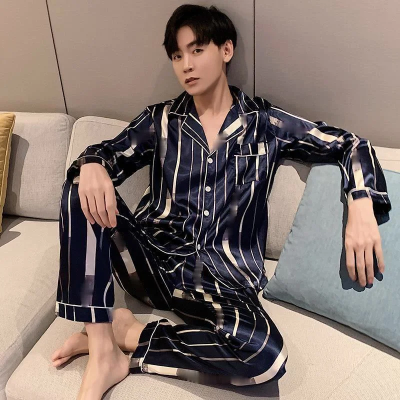 

Men Comfortable Pyjamas Plus Size 3XL 4XL 5XL Long Sleeve Casual Home Wear Autumn Silk Boy Pajama Sets Leisure Sleepwear Set