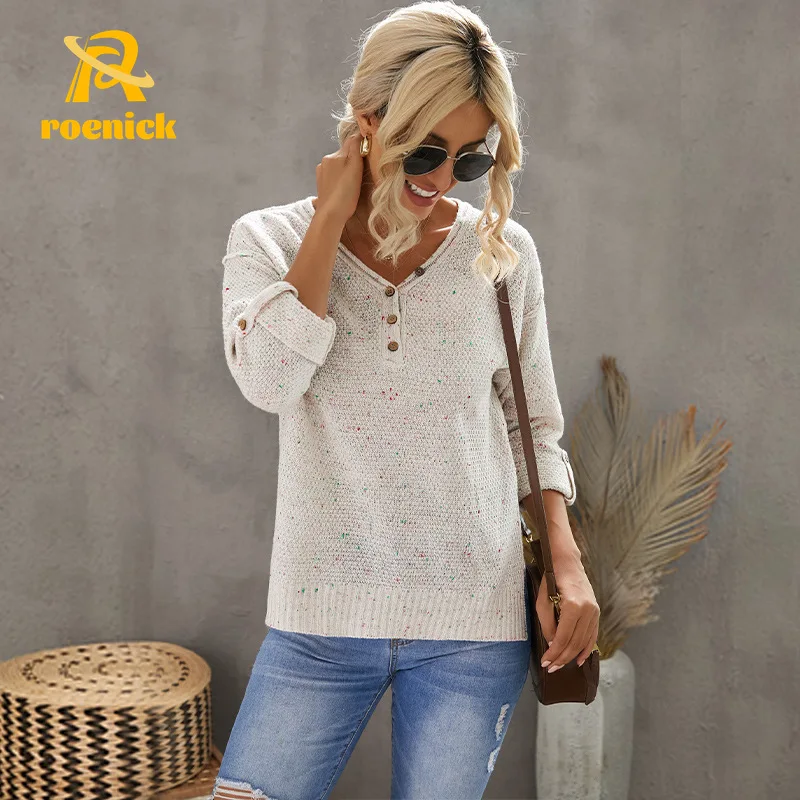 

ROENICK Women V-Neck Colorful Point Pullover Sweaters Autumn Winter Breasted Long-Sleeve Knitted Tops Loose Simple Chic Jumpers