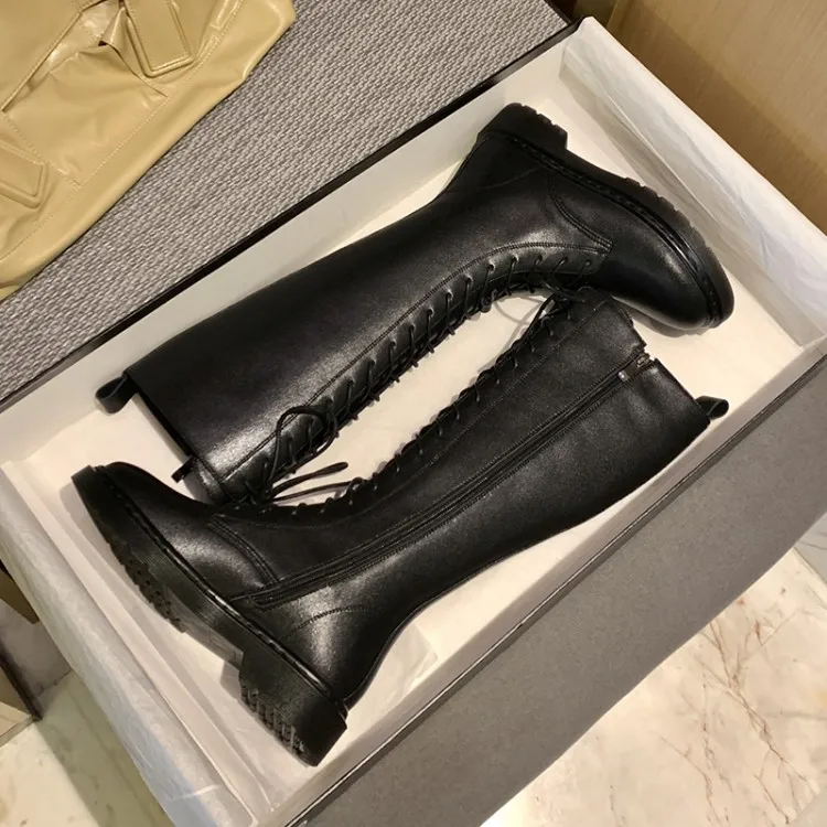 

MLJUESE 2021 women knee-high boots leather winter short plush brown color lace up round toe low heels high boots size 40