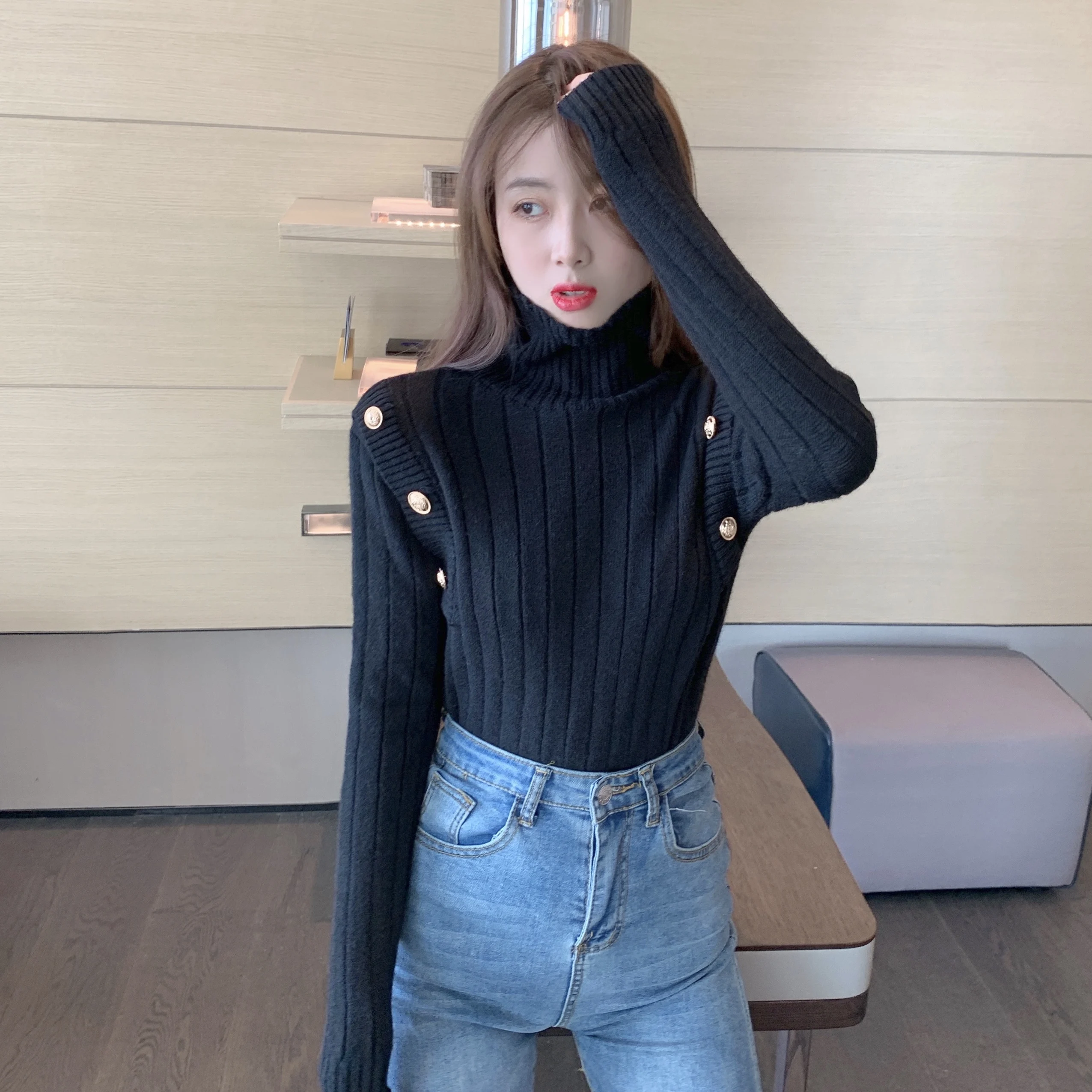

Knitted Buttons Long Sleeve Slim Sweater 2020 Women Autumn Winter Turtleneck Ribbed Knit Pullover Top Woman Casual Jumper