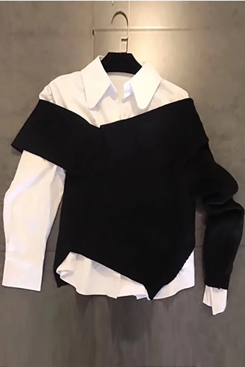 

TVVOVVIN New 2020 Spring And Summer Korean Styles Girl's Clothing Turn-down Collar Full Sleeves Knitting Fake Two Sweatshirt QW8