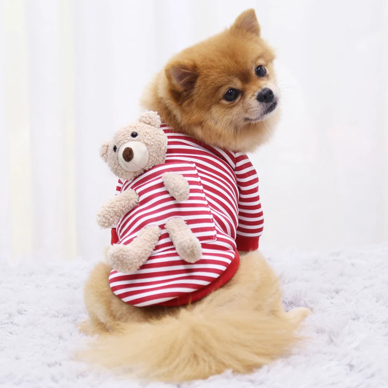 Autumn Winter Dog Clothes With Cute Plush Bear Puppy Striped Hoodie Fashion Pet Sweater Cartoon Casual Supplies | Дом и сад