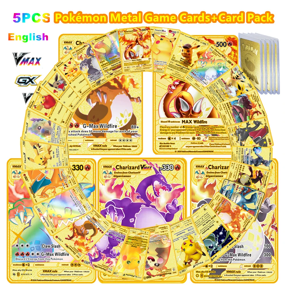 

5PCS Anime Pokemon First Edition Board Game Prop English Card VMAX GX V Metal Card Children Collection Toy Card Christmas Gift
