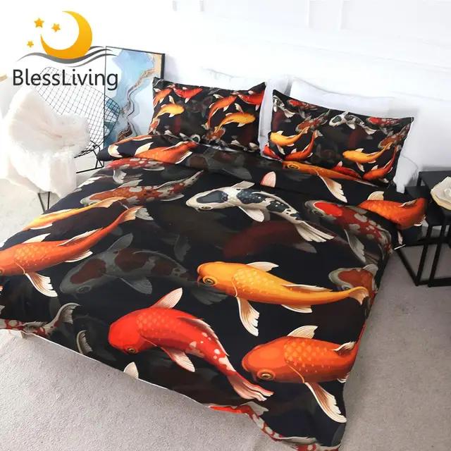 BlessLiving Koi Carps Bedding Set Queen Red Golden Lucky Fish Duvet Cover Set Colorful Quilt Cover 3pcs Auspicious Bedclothes 1