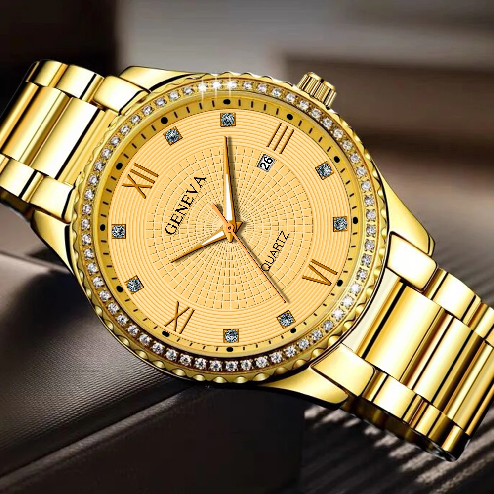 

Fashion Business Roman Scale Rhinestone Dial Men's Steel Leather Band Quartz Wrist Watch Formal Wear Relogio Masculino Montre