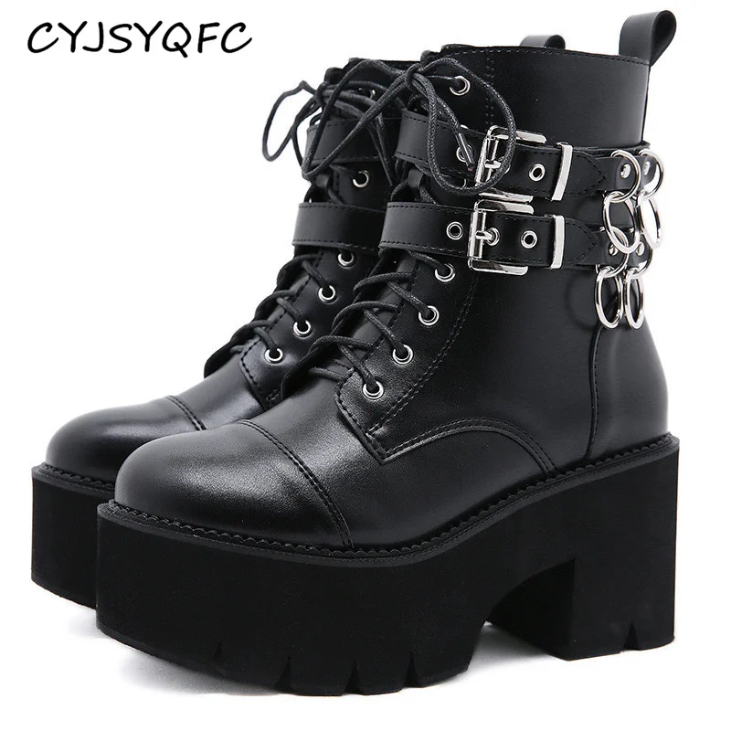 CYJSYQFC Sexy Chain Women Leather Autumn Ankle Boots Block Heels Gothic Black Punk Style Platform Shoes Short Boots Top Quality