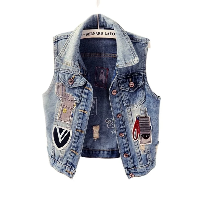 

Korean Holes Denim Vest Women Sleeveless Jacket Spring Summer Harajuku Large size Slim Jeans Vest Short Retro Ladies Waistcoats