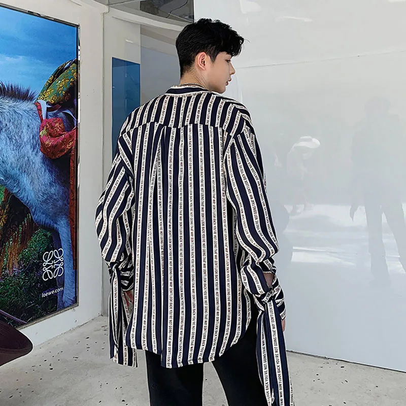 Мужские полосатые рубашки с длинным рукавом лентами Свободные повседневные