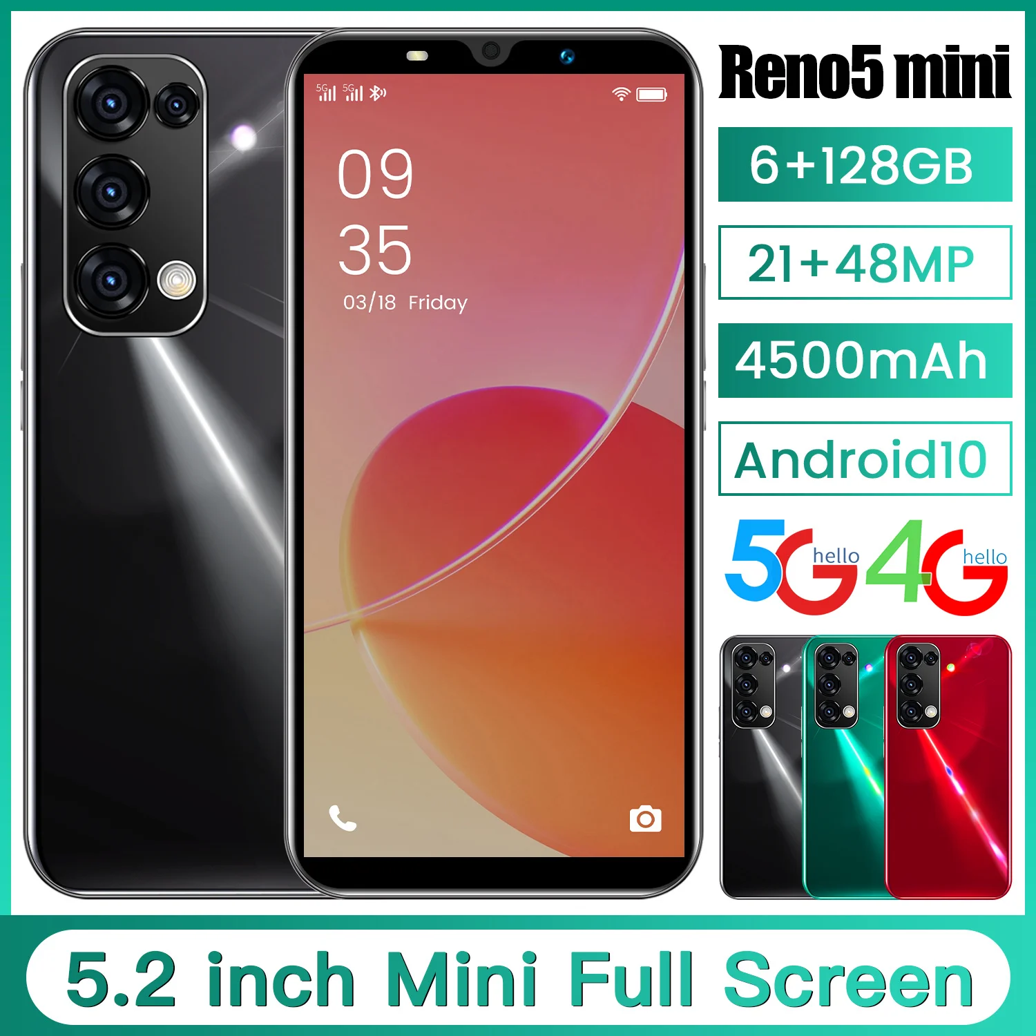 

Global Version Reno5mini Smartphones 6+128GB 5.2Inch 5G Face ID 4500mAh 24MP +48MP HD Camera Android10 Dual SIM Mobile Phones