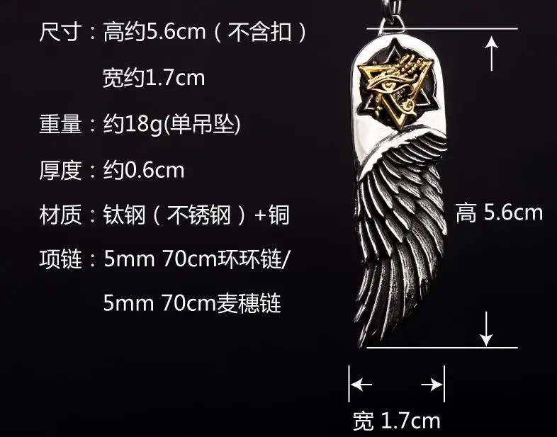 

Titanium steel (stainless steel) eye of Horus Wings Necklace, man, feather original design, hand-made long sweater chain
