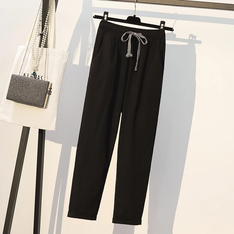 Большие женские брюки из хлопка и льна летние укороченные повседневные для