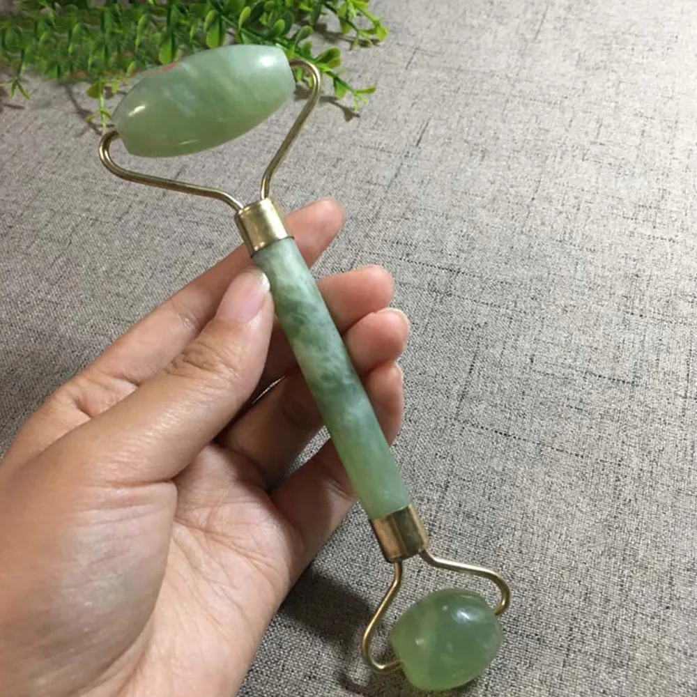 Rosalind 2 in 1 Green Roller and Gua Sha Tools Set by Natural Jade Scraper Massager with Stones for Face Neck Back Jawline |