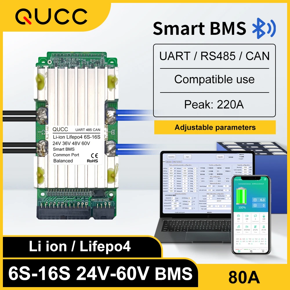 

Qucc Smart BMS 6S-16S 80A with Bluetooth UART 485 CAN 7S 8S 10S 12S 13S 14S 15S 24V 36V 48V 60V For Li-Ion Lifepo4 Battery Pack