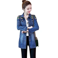 spring autumn new female denim jacket embroidered flowers mid length jean outwear womens single breasted slim trench coats