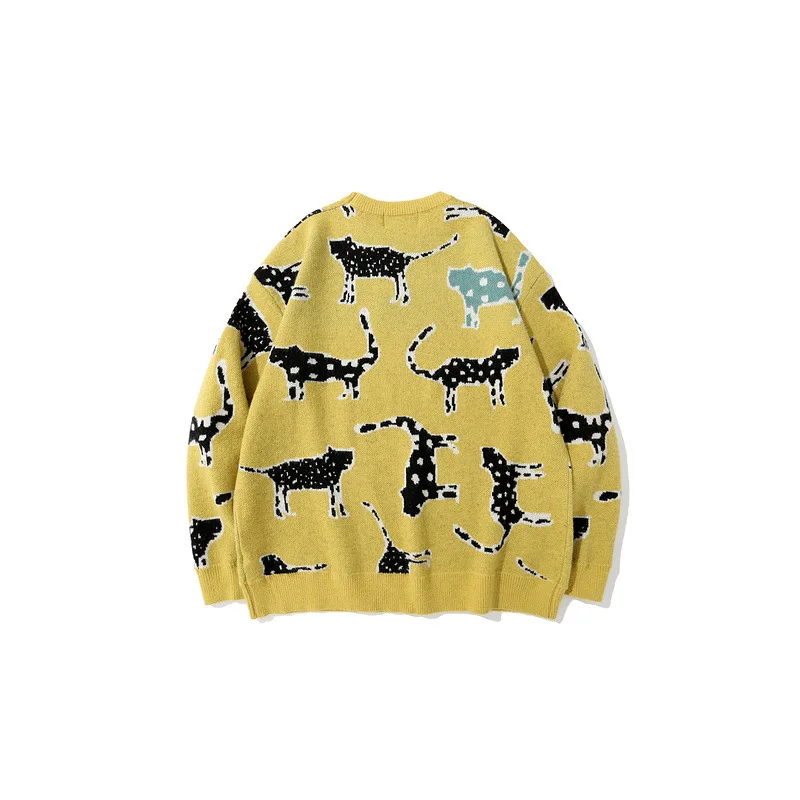 

SEVEYFAN Men's Fashion Cartoon Cat Jacquard Sweater Loose O Neck Cotton Pullover Knitwear for Couples