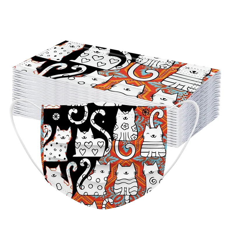 

50pcs Cute Cat Print Adults Disposable Masks Mascarillas Fashion 3 Layer Ear Loop Non-woven Face Cover Safety Protection Masks