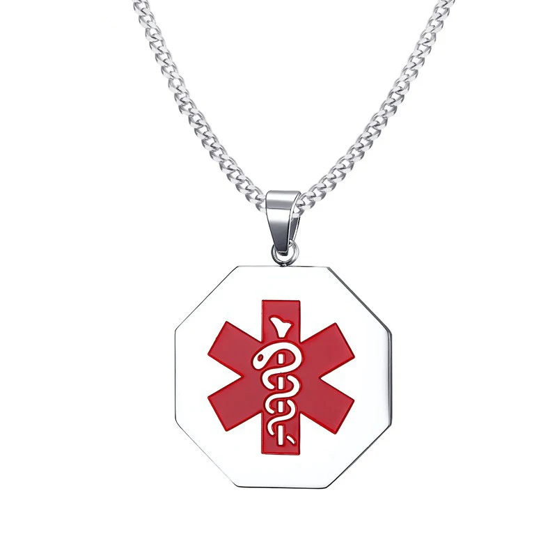 

Medical Alert Womens Mens Necklace with Octagon Pendant Free Custom Engraving for Diabetes Warfarin Disease Name ICE Info
