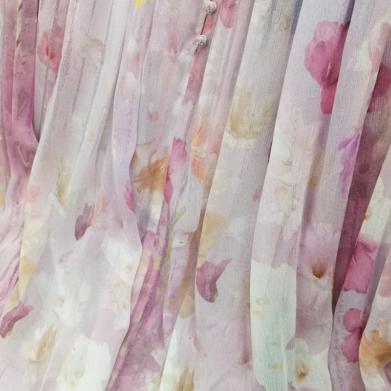 

2021 Summer New Gradient Pink Blooming Floral Print Single-row Button V-neck Long Versatile Short-sleeved Dress