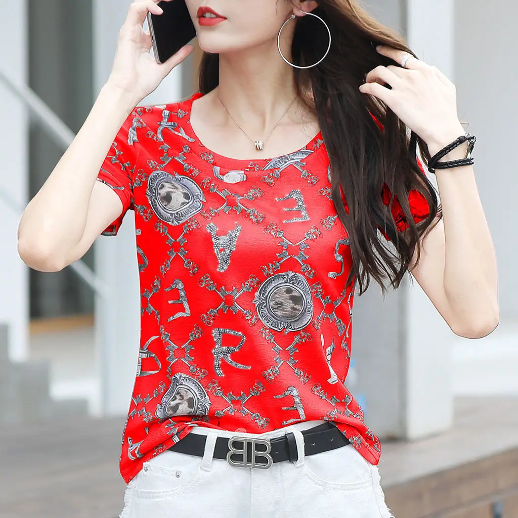 

Diamond print short sleeve T-shirt women's spring and summer new Korean loose and slim large size top