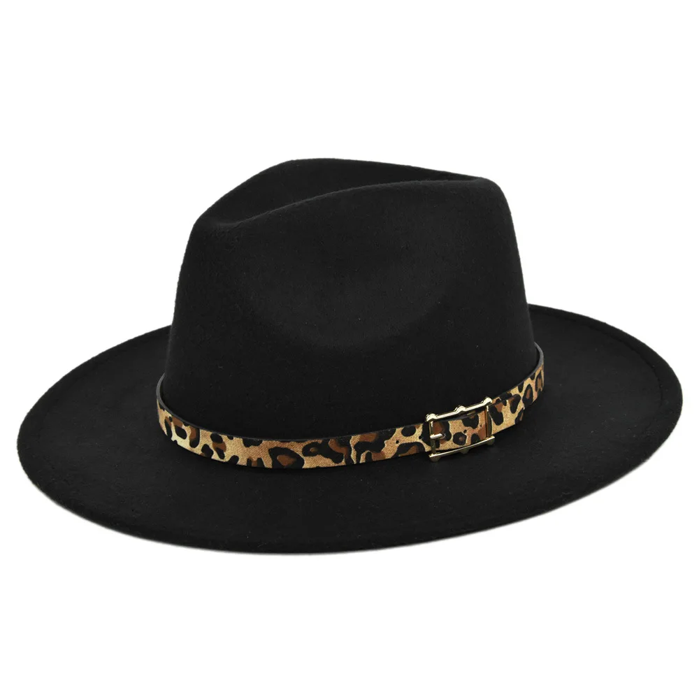 Women's Hat Fedoras Leopard Print Woolen Topper Wide Brim Jazz Hat Retro Vintage Luxury Flat-brimmed Womens Church Bowler Hats
