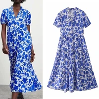 print blue dress woman summer long dresses women casual short puff sleeve dresses 2021 boho ruffle pleated midi dress