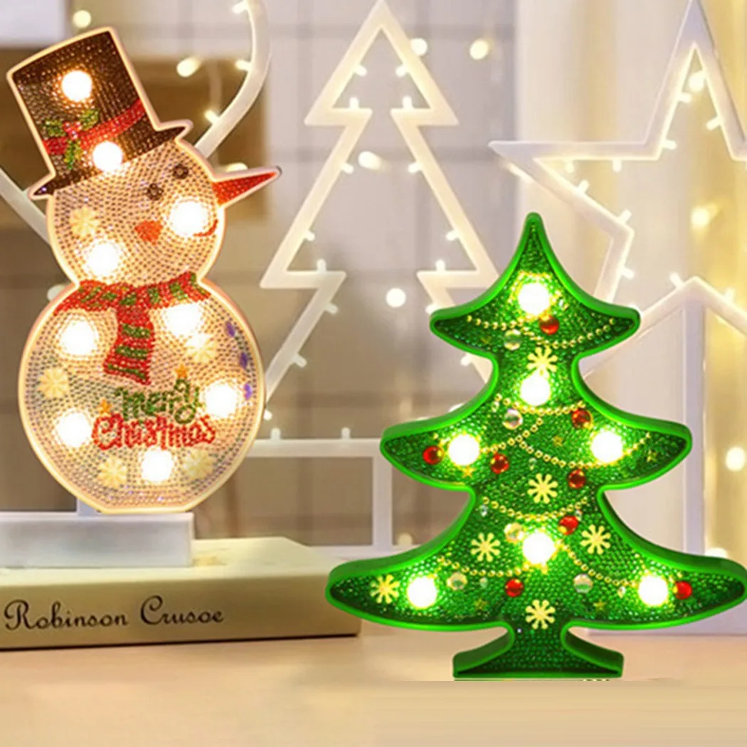 

5D Christmas Tree Snowman DIY Diamond Painting LED Light Night Lamp Xmas Decoration For Home Tabletop Ornaments Kids Gift 2022
