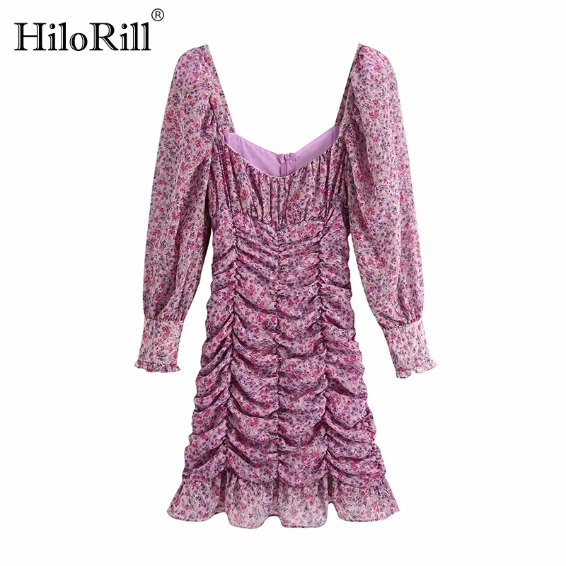 

HiloRill Women Vintage Floral Print Bodycon Mini Dresses Ruffled Long Sleeve Chiffon Party Dress Chic V Neck Pleated Dress