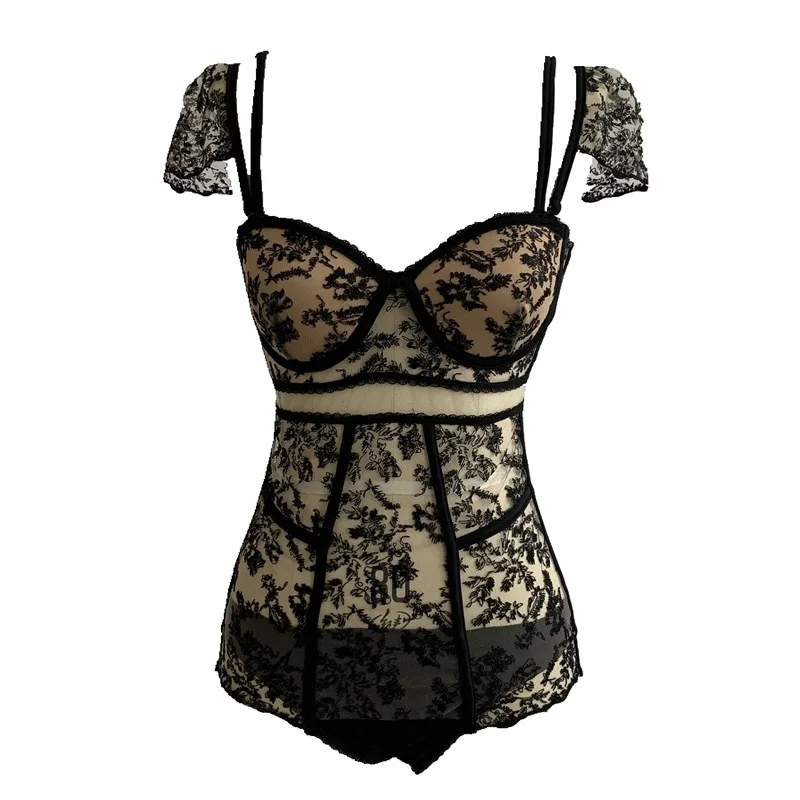 

Beach vacation swimwear black lace embroidery sexy one-piece bikini underwire small chest gathered female sexy Swimsuit