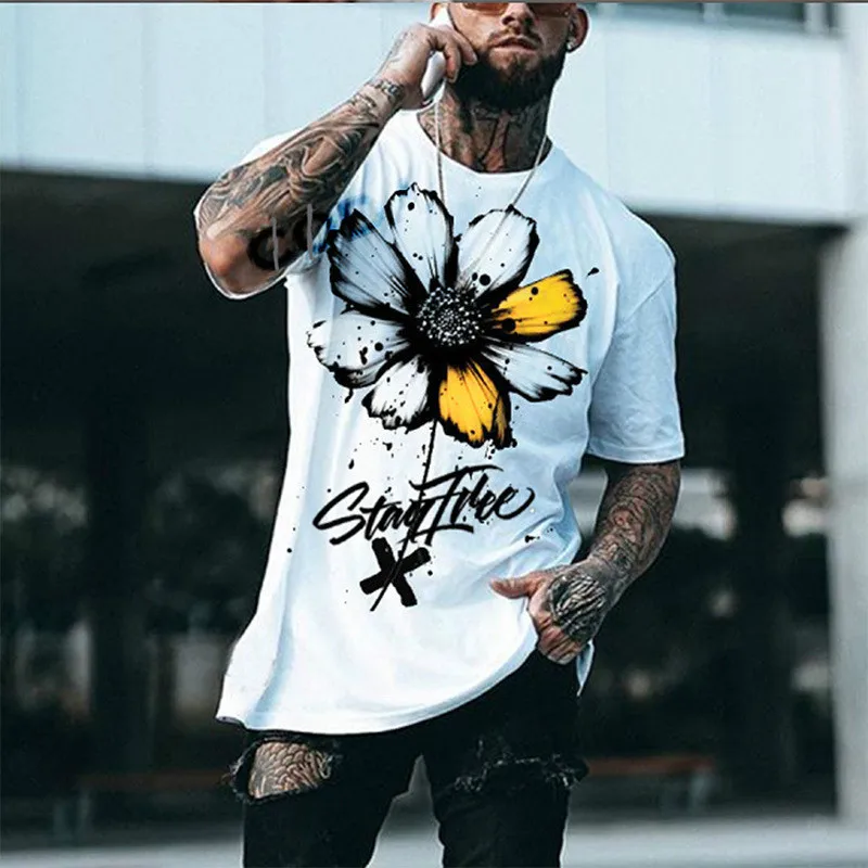 

2021 Super Men's Harajuku Short Sleeve T-shirt Sunflower Letter Print White T-shirt Popular Street Sports T-shirt