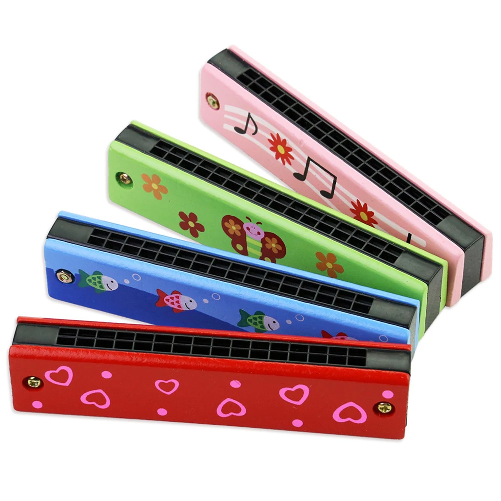 Wooden 16 Hole Fruit Pattern Harmonica Musical Instrument Educational Kids Toy New
