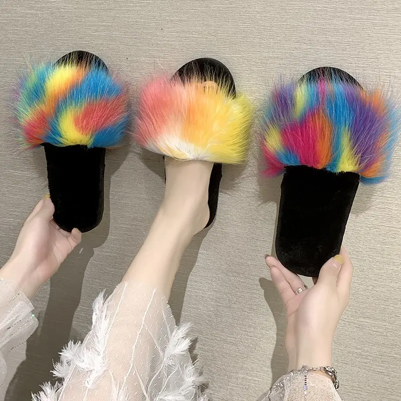2020 New Fashion Fur Slides Colorful Cheap Furry Plush For Women Outside Slippers Big Slipper Shoes Wholesale | Обувь