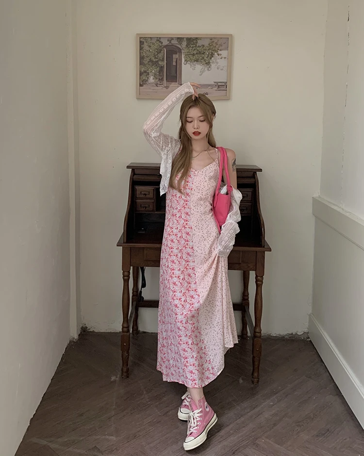 

Korean Patchwork Print Midi Long Woman Dress Summer Spaghetti Strap V Neck Sweet Dresses YOU722