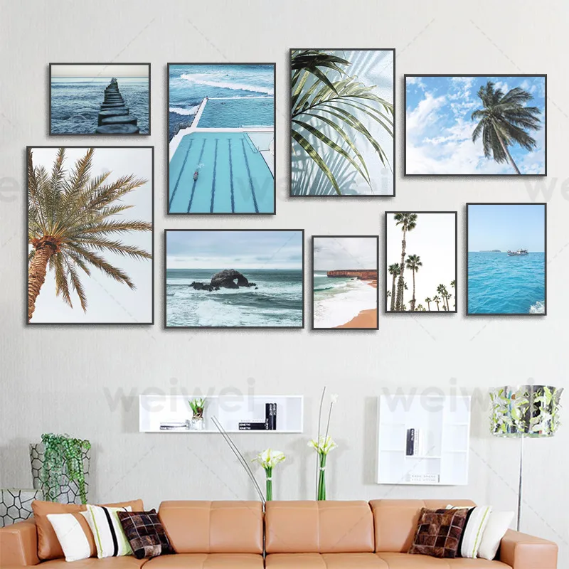 

Seaside Landscape Painting Nordic Coconut Tree Print Picture Modern Style Posters and Prints Beach Wall Art Print for Home Decor