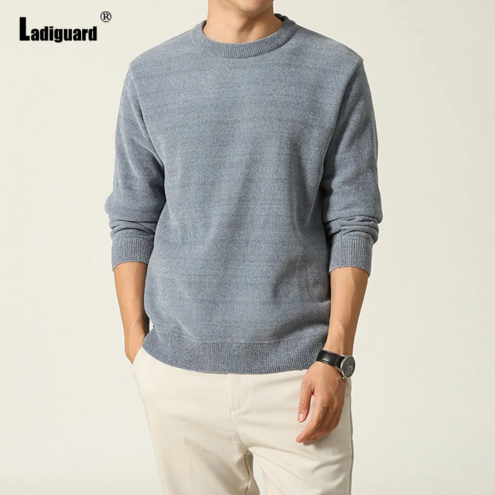 Ladiguard Plus Size Men Knitted Sweater 2021 New Autumn Fashion Basic Top Gray Khaki Skinny Pullovers Mens Knitwear Homme 4XL