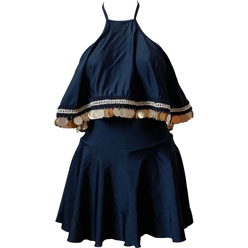 

Women One Piece Swimsuit Sexy Halter Backless Lace-up Swimwear High Waist Solid Rash Guard Korean Style Skirted Bathing Suit