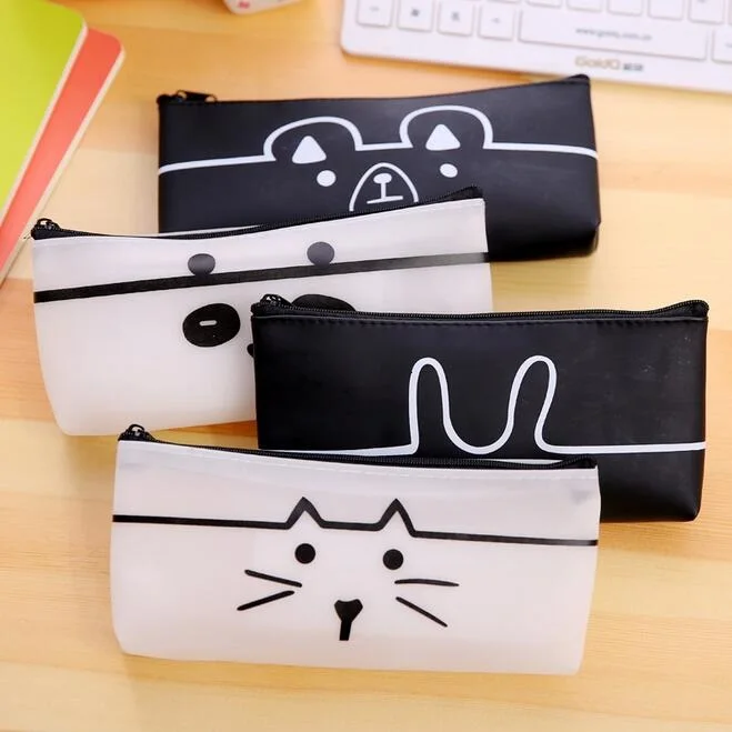 

free shipping 10pcs Black white animal silicone zipper pencil case bag pencil bag large capacity storage bag stationery bag